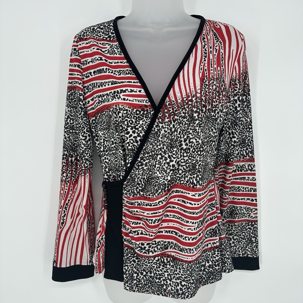 Joseph Ribkoff Women's Sz 8 V-Neck Faux Wrap Top Metallic Threading Animal Print - Picture 1 of 7